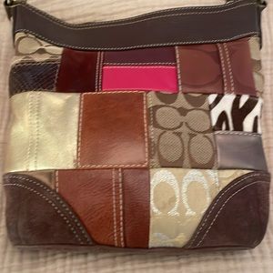 Vintage Coach patchwork bucket bag with brown leather and suede. Great condition